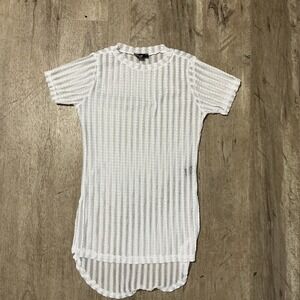 Love Fire Womens White Sheer Textured Mesh High Low Short Sleeve Top Size M